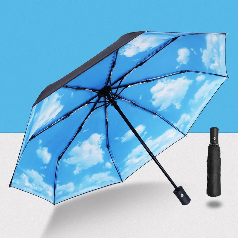 Kompakter Automatik-Regenschirm mit Sterne- & Himmel-Design – Windfester Faltbarer Regenschirm mit Hülle