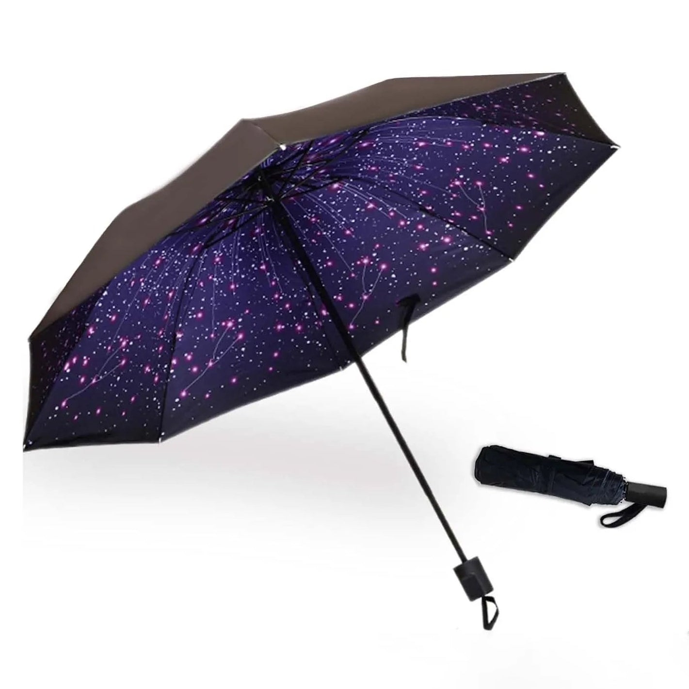 Kompakter Automatik-Regenschirm mit Sterne- & Himmel-Design – Windfester Faltbarer Regenschirm mit Hülle