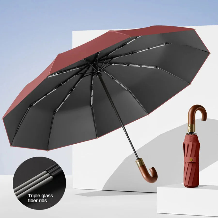 Automatischer Regenschirm mit Rundgriff – UPF 50+ Windfester Faltbarer Regenschirm für Alltag & Reise