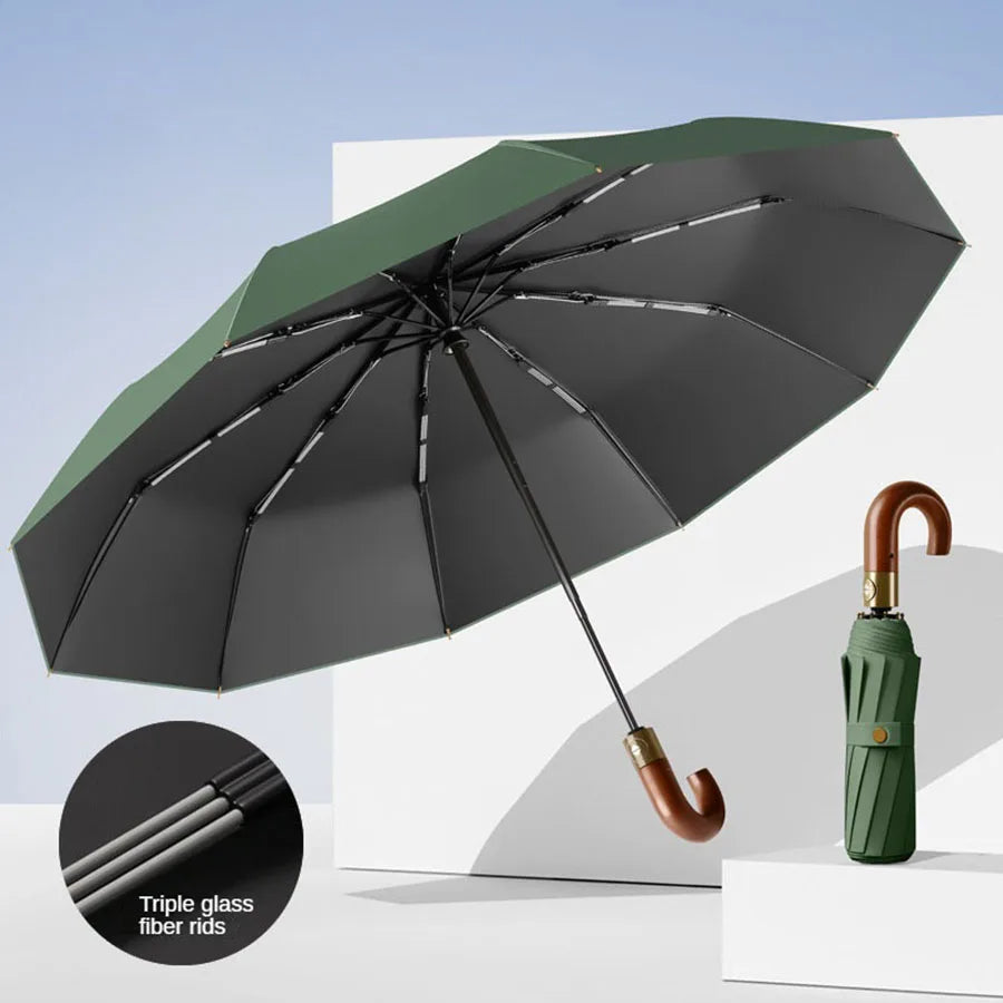 Automatischer Regenschirm mit Rundgriff – UPF 50+ Windfester Faltbarer Regenschirm für Alltag & Reise