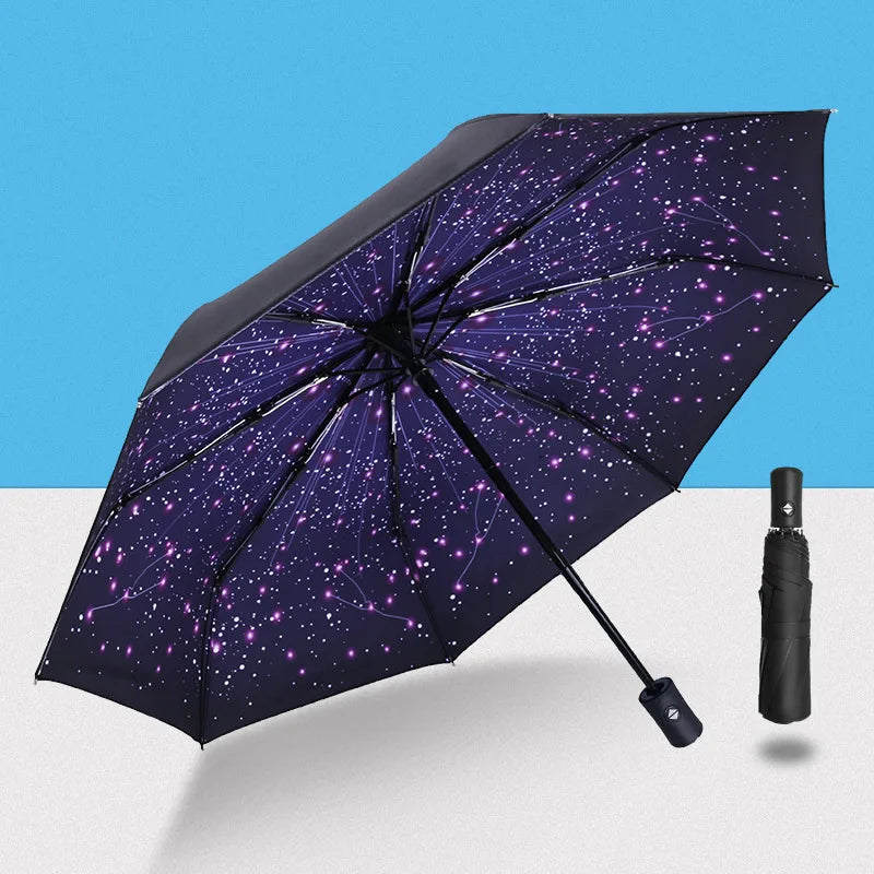 Kompakter Automatik-Regenschirm mit Sterne- & Himmel-Design – Windfester Faltbarer Regenschirm mit Hülle