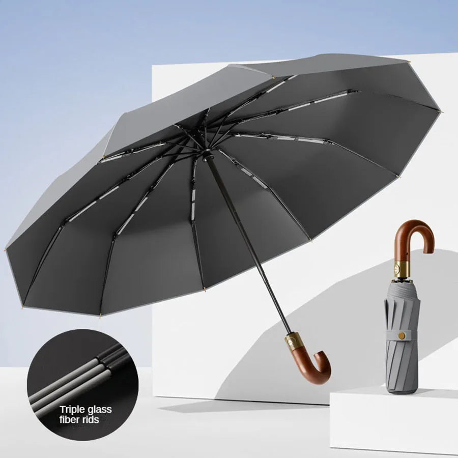 Automatischer Regenschirm mit Rundgriff – UPF 50+ Windfester Faltbarer Regenschirm für Alltag & Reise