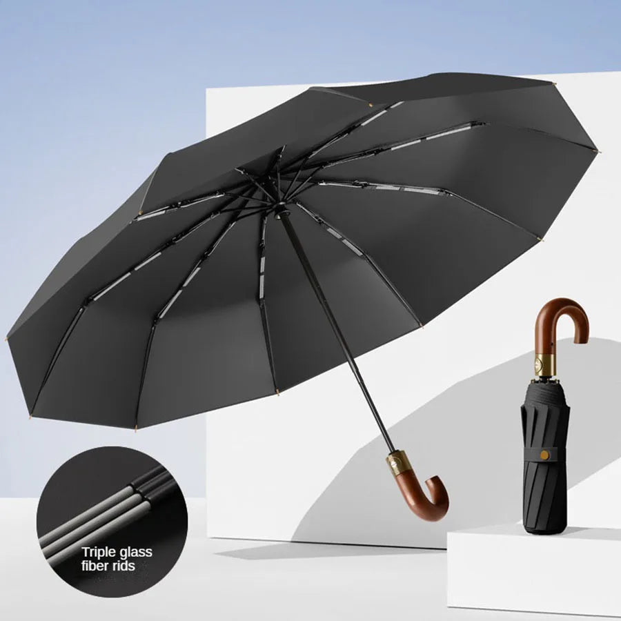 Automatischer Regenschirm mit Rundgriff – UPF 50+ Windfester Faltbarer Regenschirm für Alltag & Reise