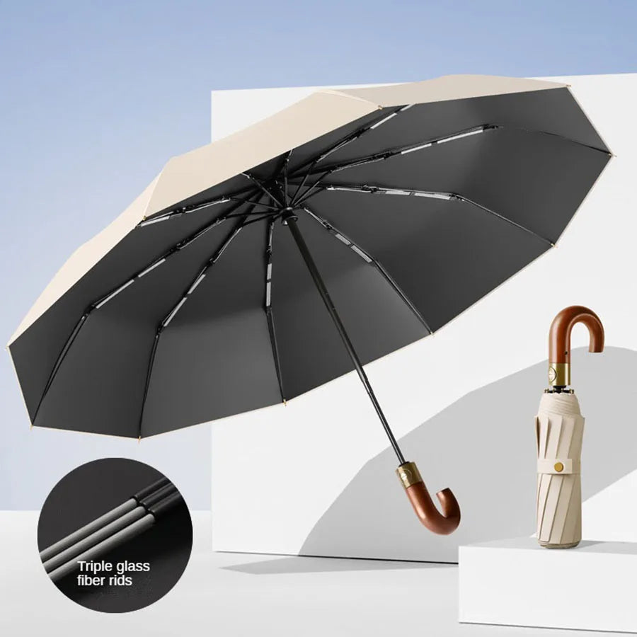 Automatischer Regenschirm mit Rundgriff – UPF 50+ Windfester Faltbarer Regenschirm für Alltag & Reise
