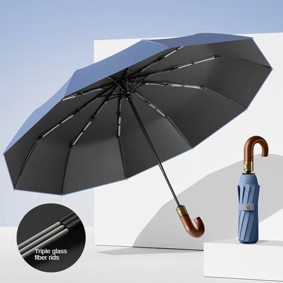 Automatischer Regenschirm mit Rundgriff – UPF 50+ Windfester Faltbarer Regenschirm für Alltag & Reise